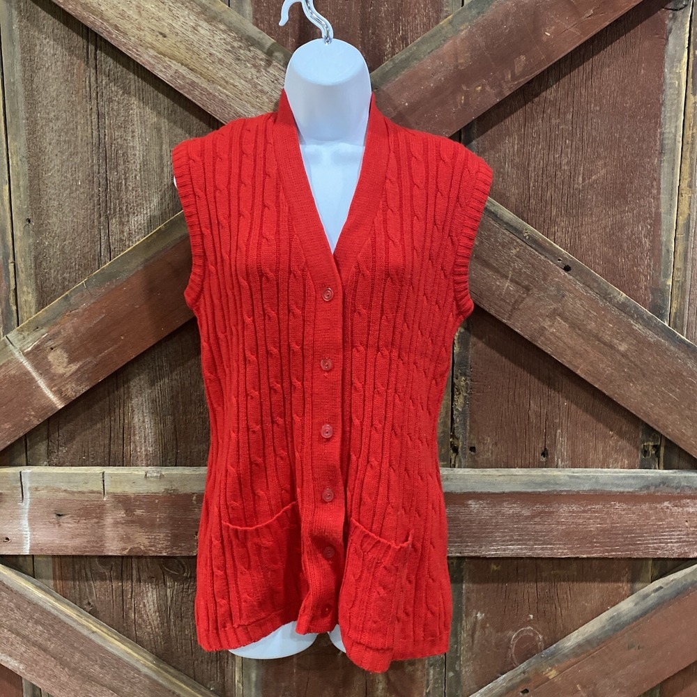 Vintage 1960s Montgomery Ward Red Cable Knit Sweater Vest Cardigan Large
